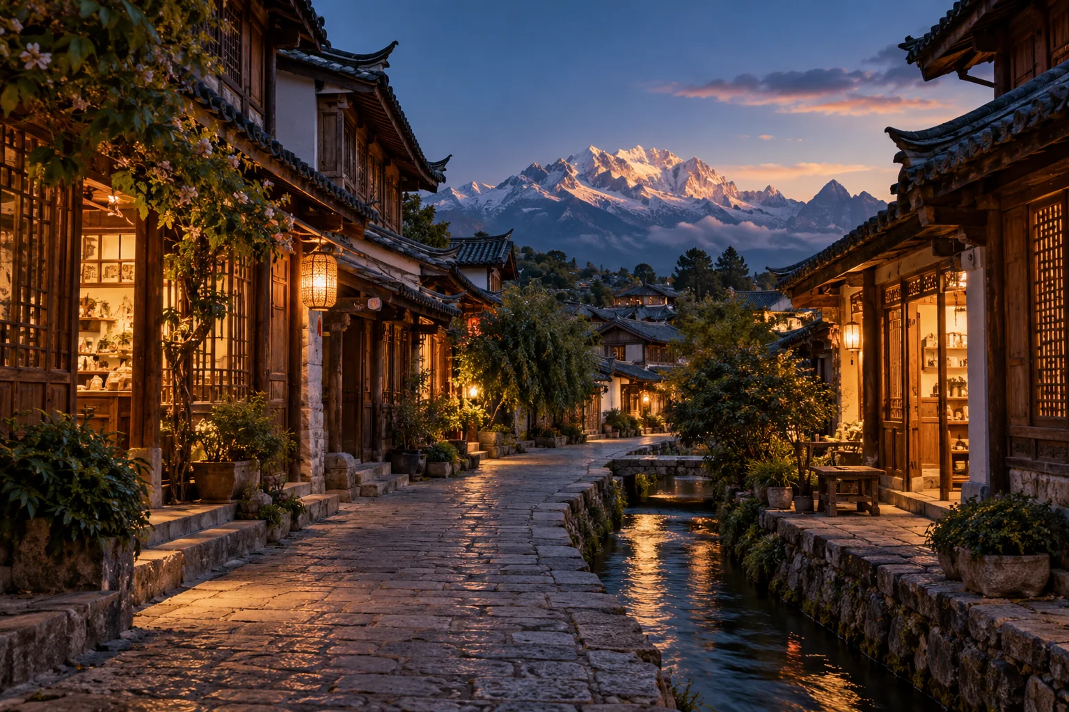 丽江雪山与古镇风光